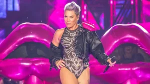 P!nk en un escenario con micrófono, expresión seria, durante un concierto; referencia visual a la polémica con Macklemore y Ed Sheeran por Palestina